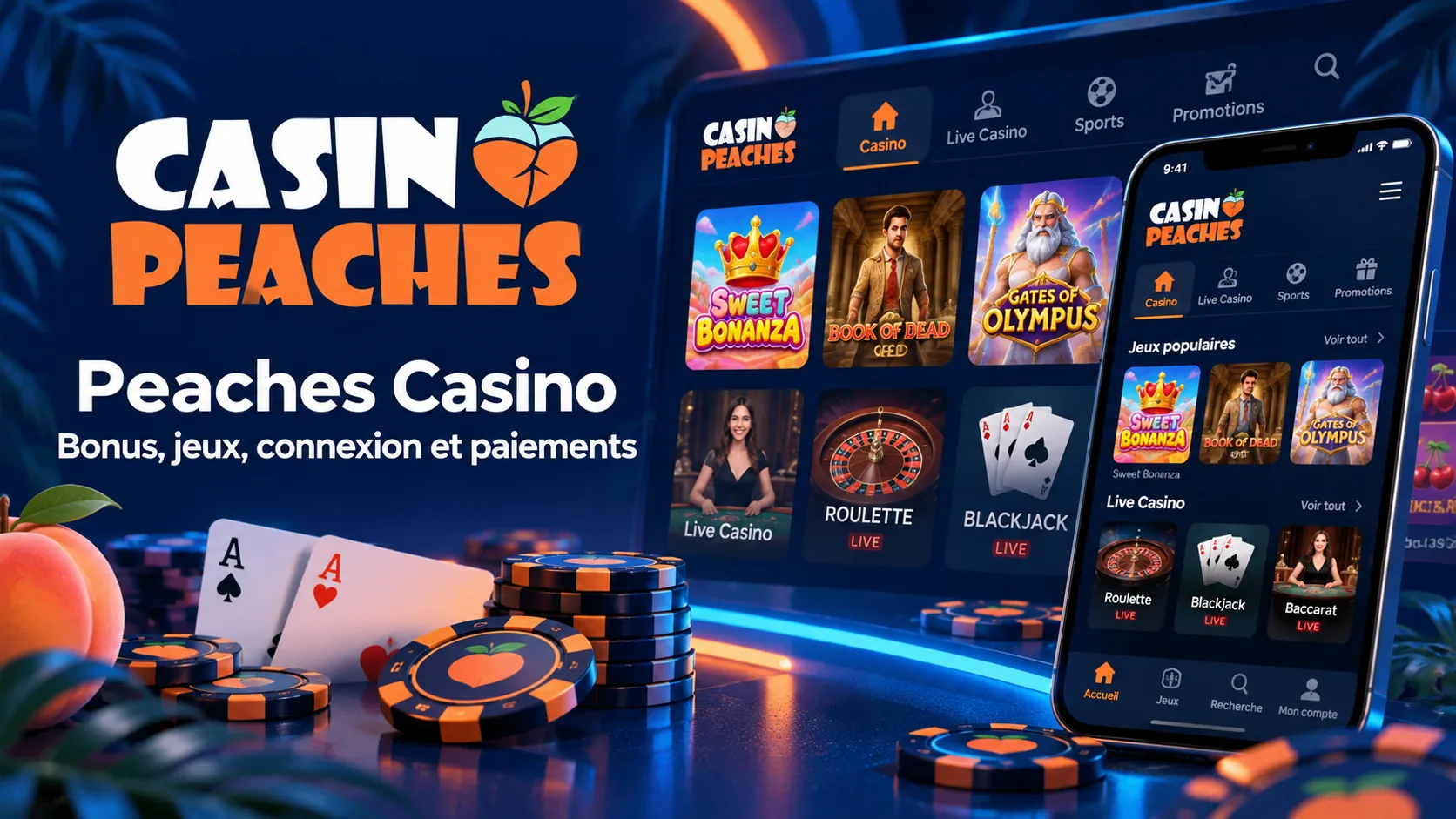 Interface Casino Peaches avec les jeux, le live casino et le mobile