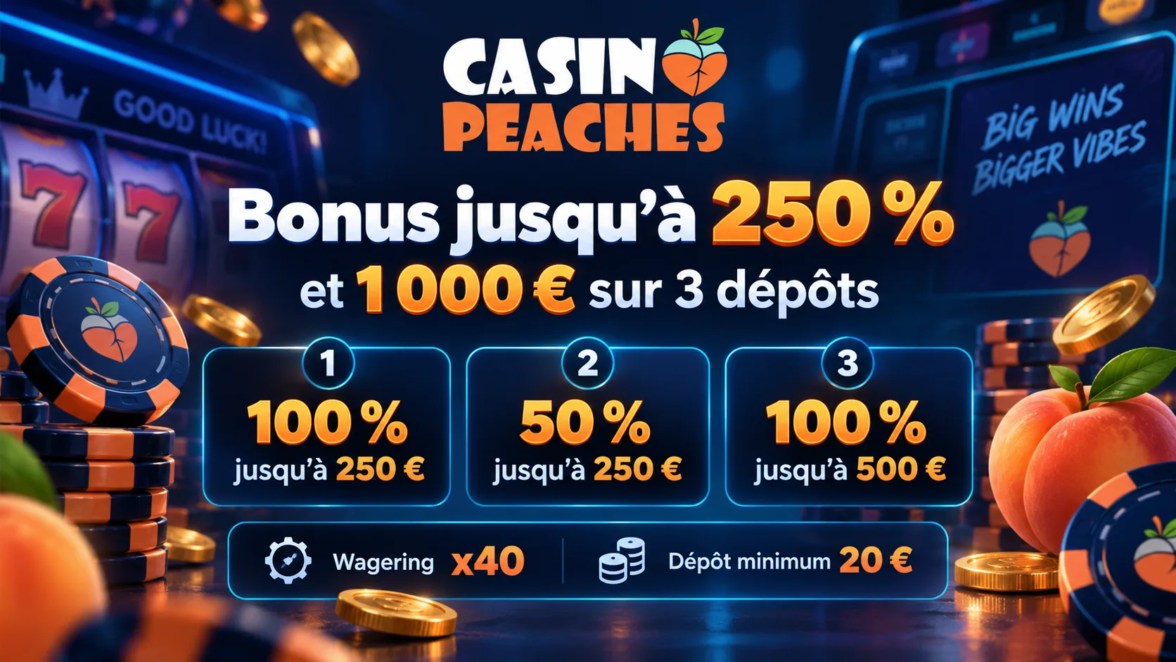 Pack de bienvenue Peaches Casino jusqu’à 250 % et 1 000 €